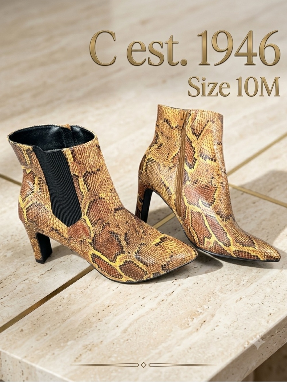 C EST. 1946 Women’s Snake Print Yellow/Brown/Black Pointed Toe Heeled Boots 10M